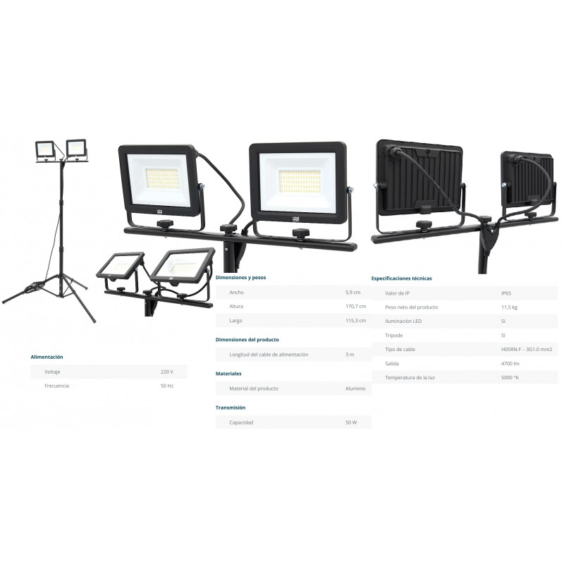 FOCO DOBLE LED PORTATIL+TRIPODE IP65100W