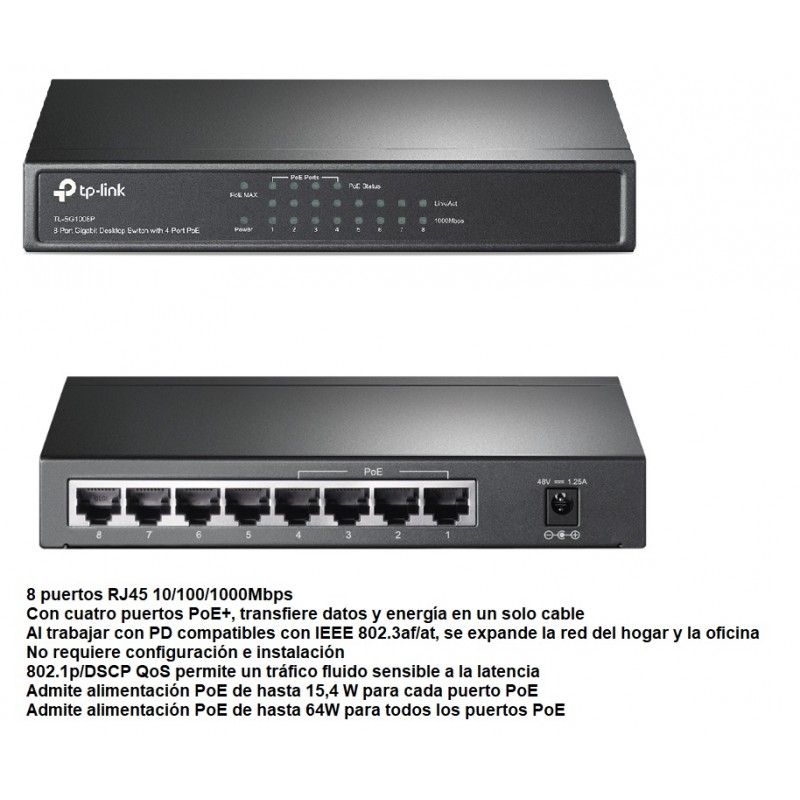 SWITCH POE 4+4 PUERTOS 10/100/1000 65W