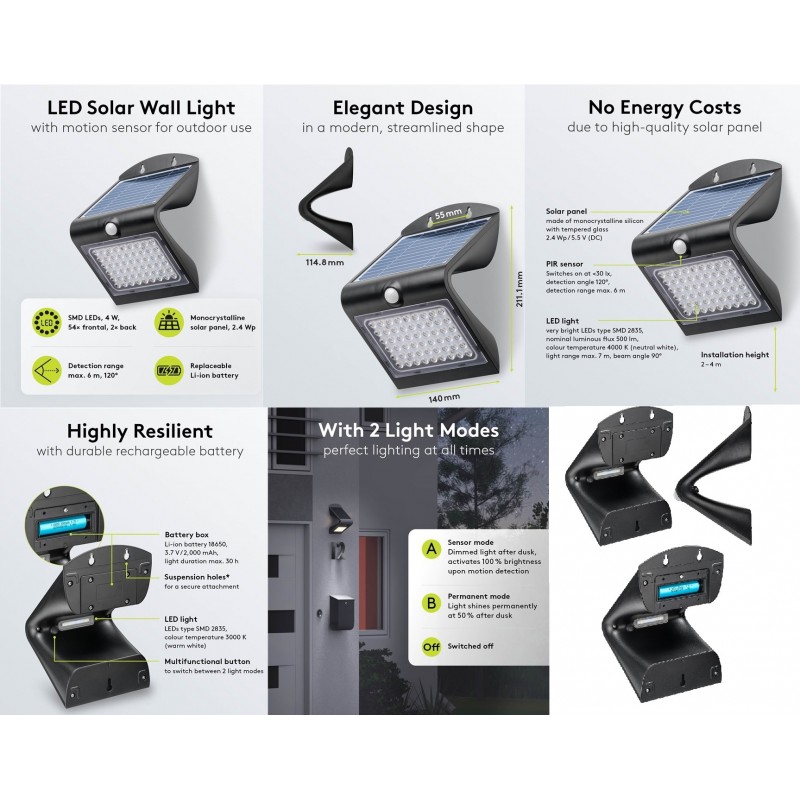FOCO LED 4W 500lm IP65+SENSOR+SOLAR NEGR