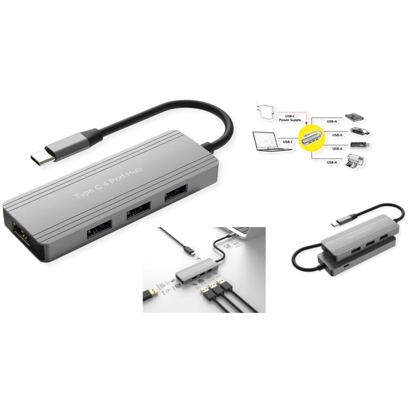ADAPTADOR USB C M-4xUSB 3.2 GRIS