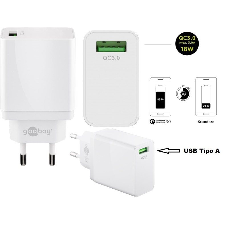 ALIMENTADOR 220V 1xUSB 3A 18W QC3.0 BL