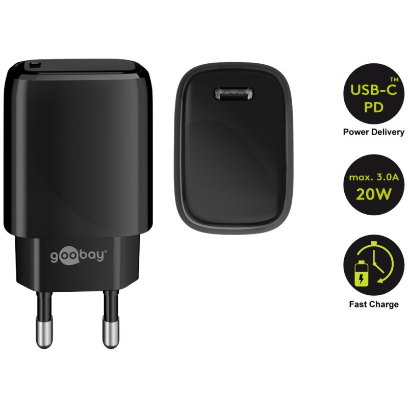 ALIMENTADOR 220V 1xUSB C 3A 20W NEGRO