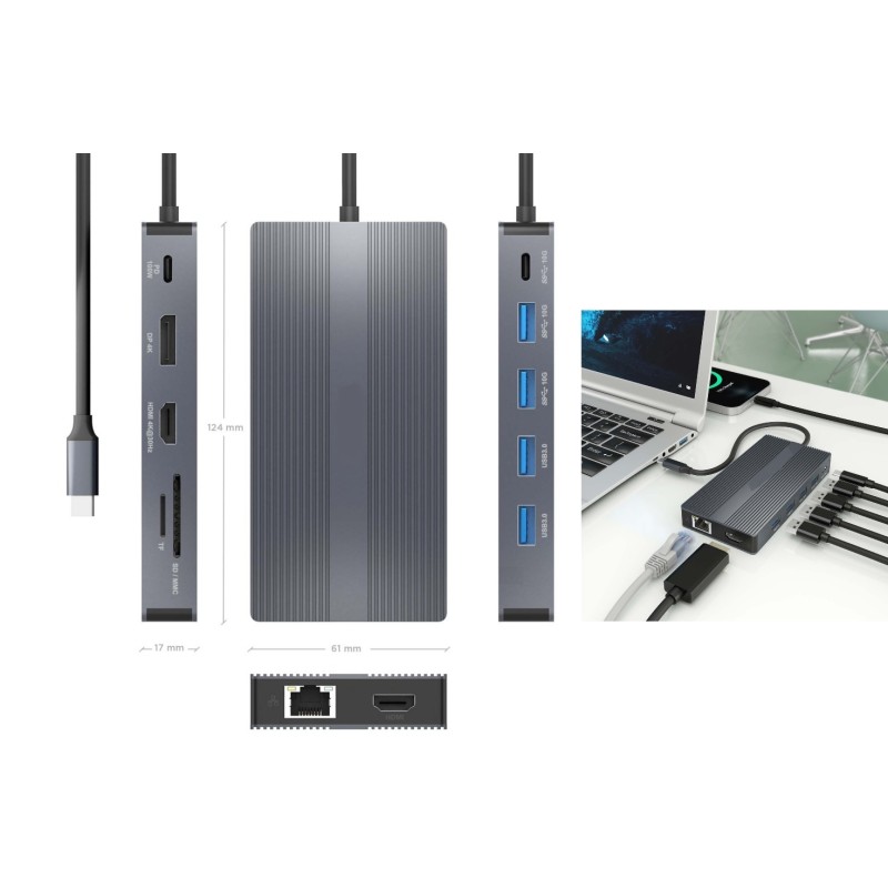 USB-C DOCK 12 EN 1 GRIS 20cm (con DP)