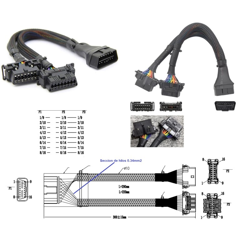 CABLE OBD II 1xMACHO-2xHEMBRA 16p 30cm
