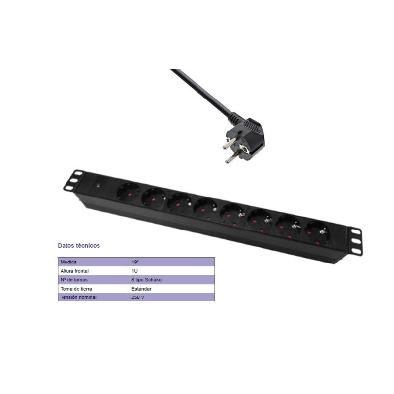 REGLETA 19" 8 TOMAS SCHUKO SIN/INT+LED P