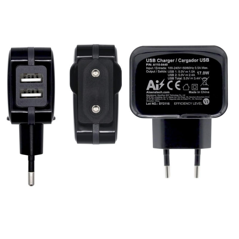 ALIMENTADOR 220V 2xUSB 3,4A 17W NEGRO