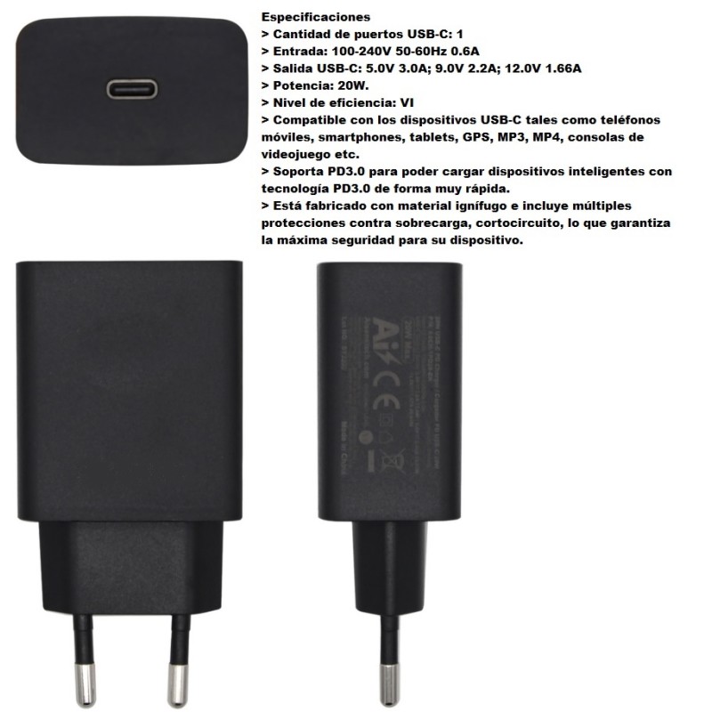 ALIMENTADOR 220V 1xUSB C QC3.0 3A 20W NE