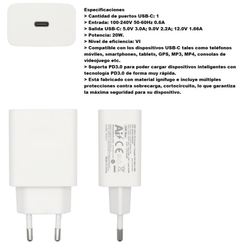 ALIMENTADOR 220V 1xUSB C QC3.0 3A 20W BL