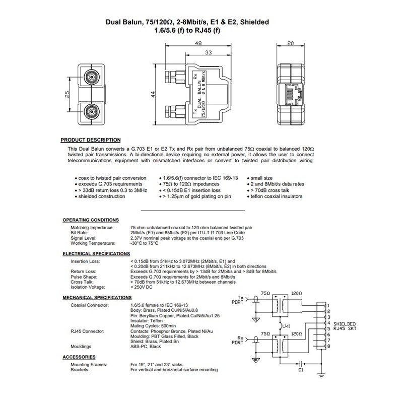 BALUN 2x1.6/5.6 H-RJ45H FTP PANEL (G703)