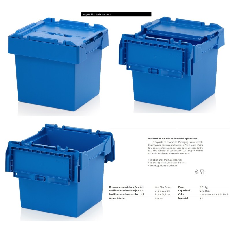 CONTENEDOR PLASTICO CON TAPA 400x300x340