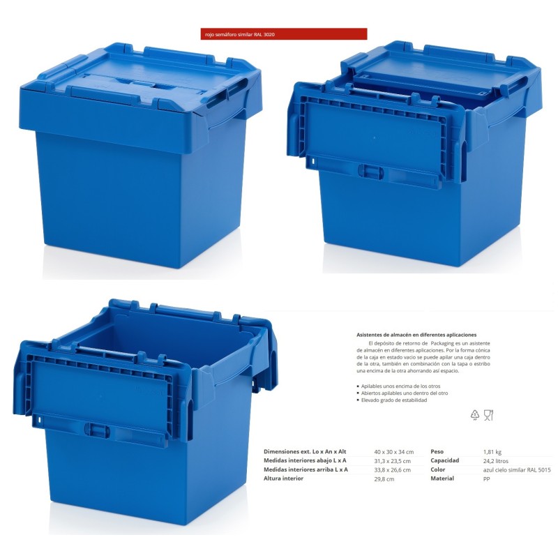 CONTENEDOR PLASTICO CON TAPA 400x300x340