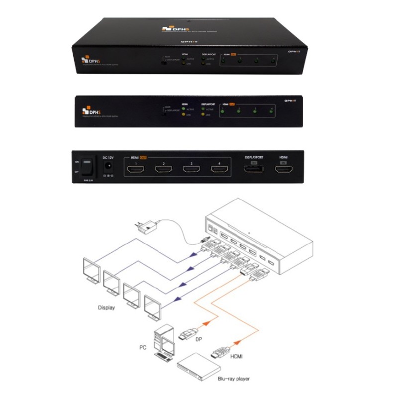 SPLITTER HDMI+DISPLAYPORT 1 ENT 4 SAL 4K