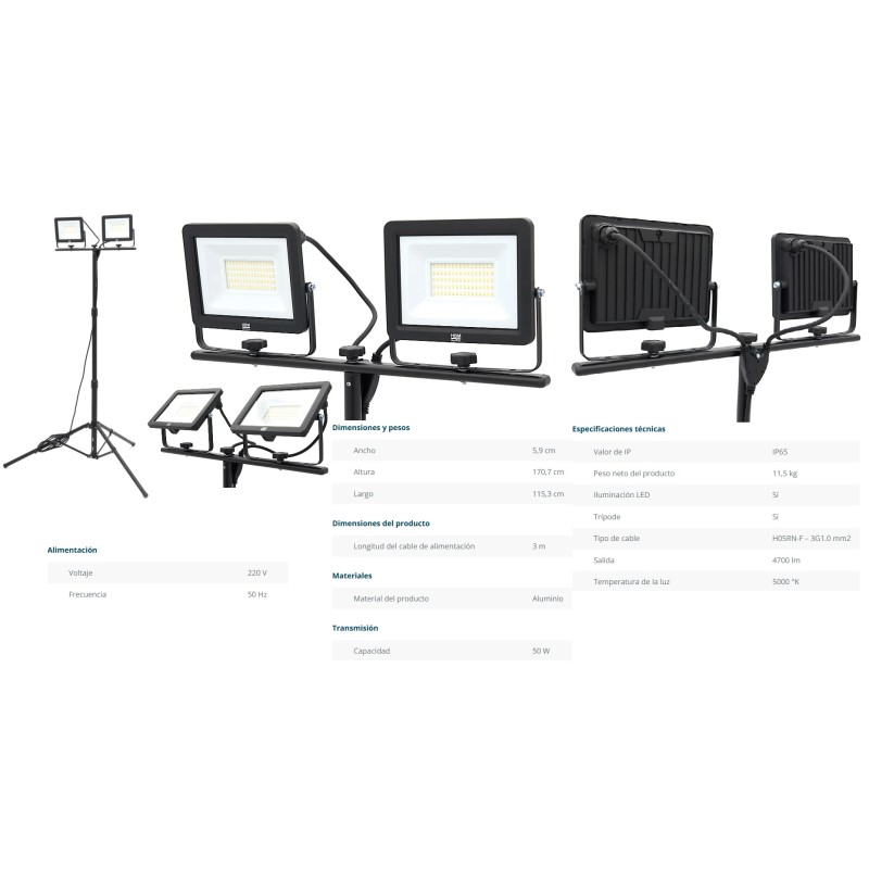 FOCO DOBLE LED PORTATIL+TRIPODE IP65100W