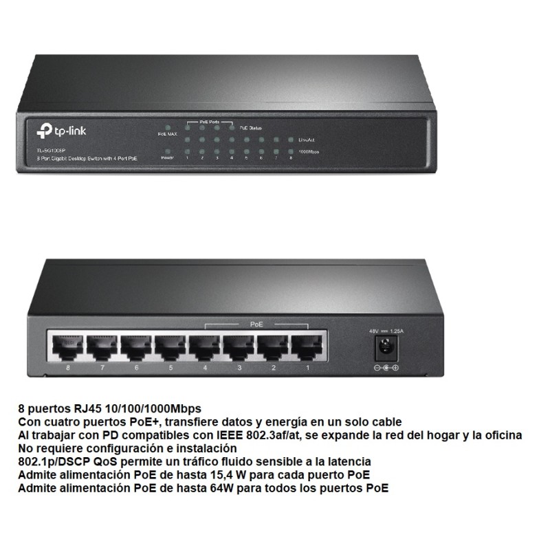 SWITCH POE 4+4 PUERTOS 10/100/1000 65W